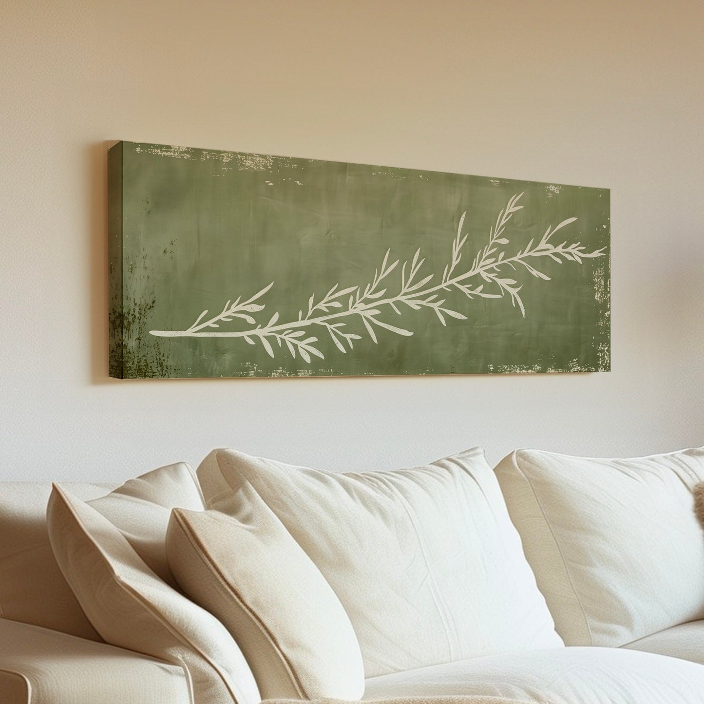 Rosemary Plant Long Horizontal Wall Art For Kitchen, Panoramic Botanical Canvas Print, Olive Green Decor Canvas Art
