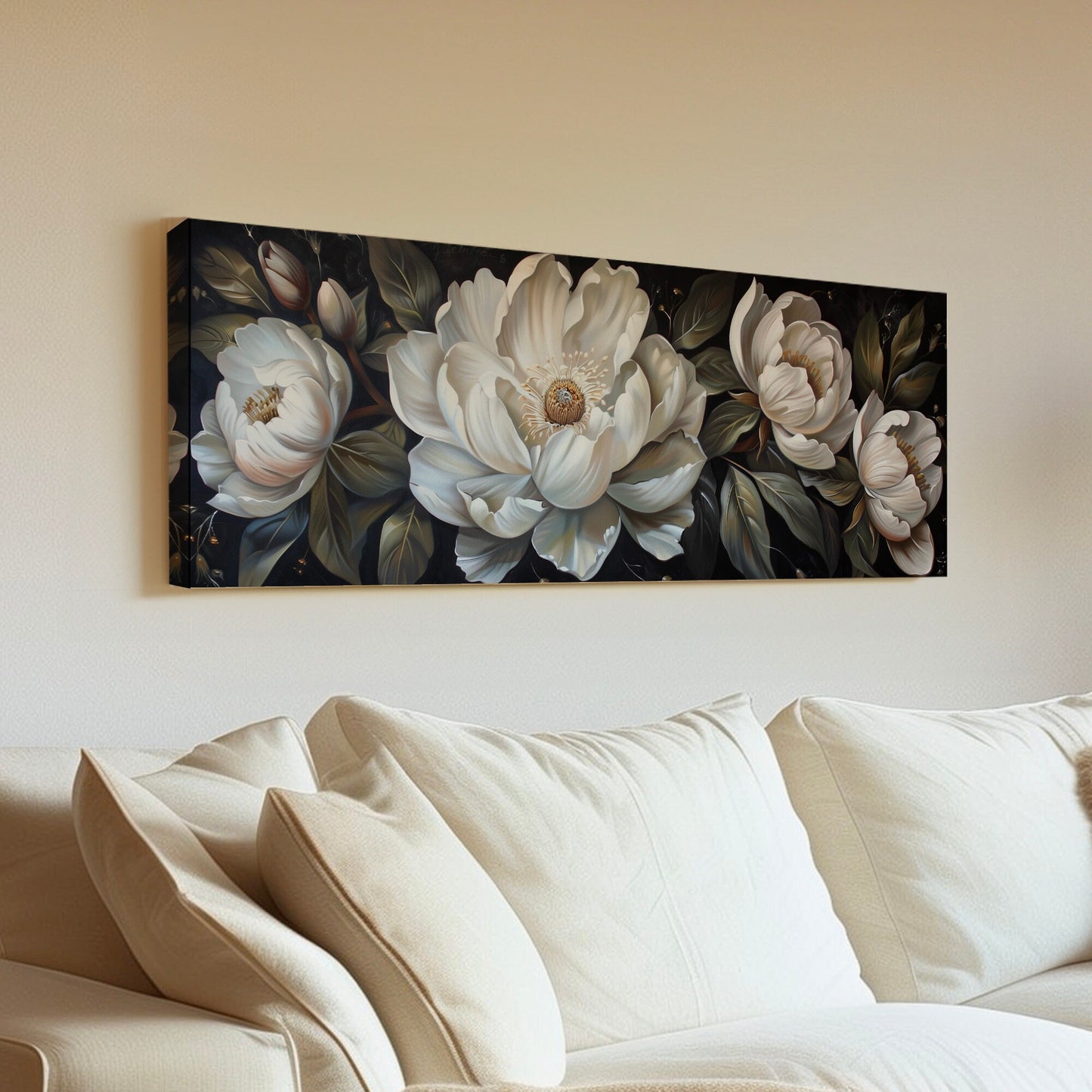 Rennaisance Floral Long Horizontal Wall Art For Guestroom, Panoramic Beautiful Flower Canvas Print, Botanical Decor Canvas Art