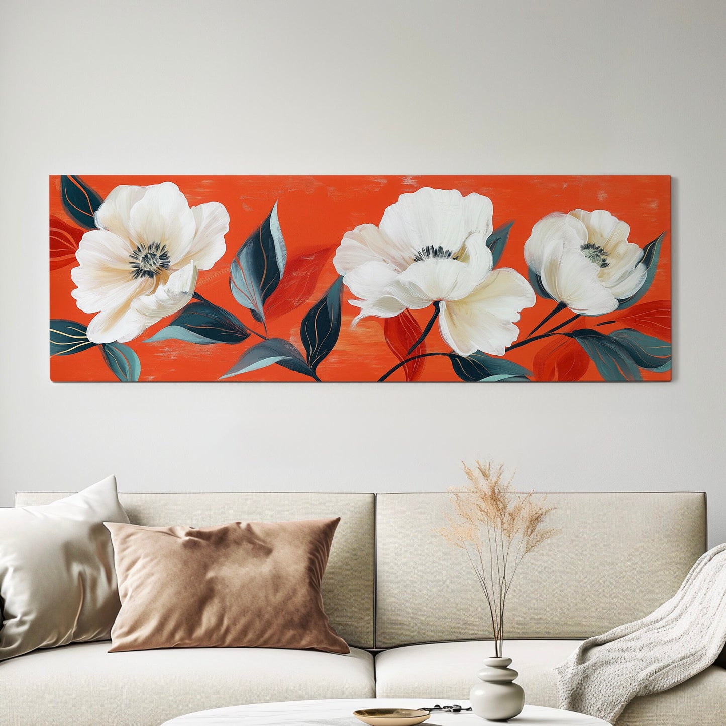 Renaissance White Flowers Long Horizontal Wall Art For Living Room, Panoramic Vintage Oil Painting Canvas Print, Floral Decor Canvas Art