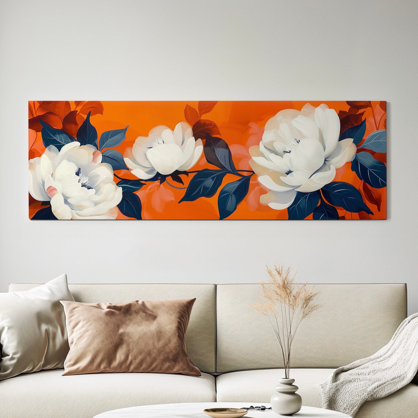 Renaissance Flowers Long Horizontal Wall Art For Bedroom, Panoramic Vintage Oil Painting Canvas Print, Floral Decor Canvas Art