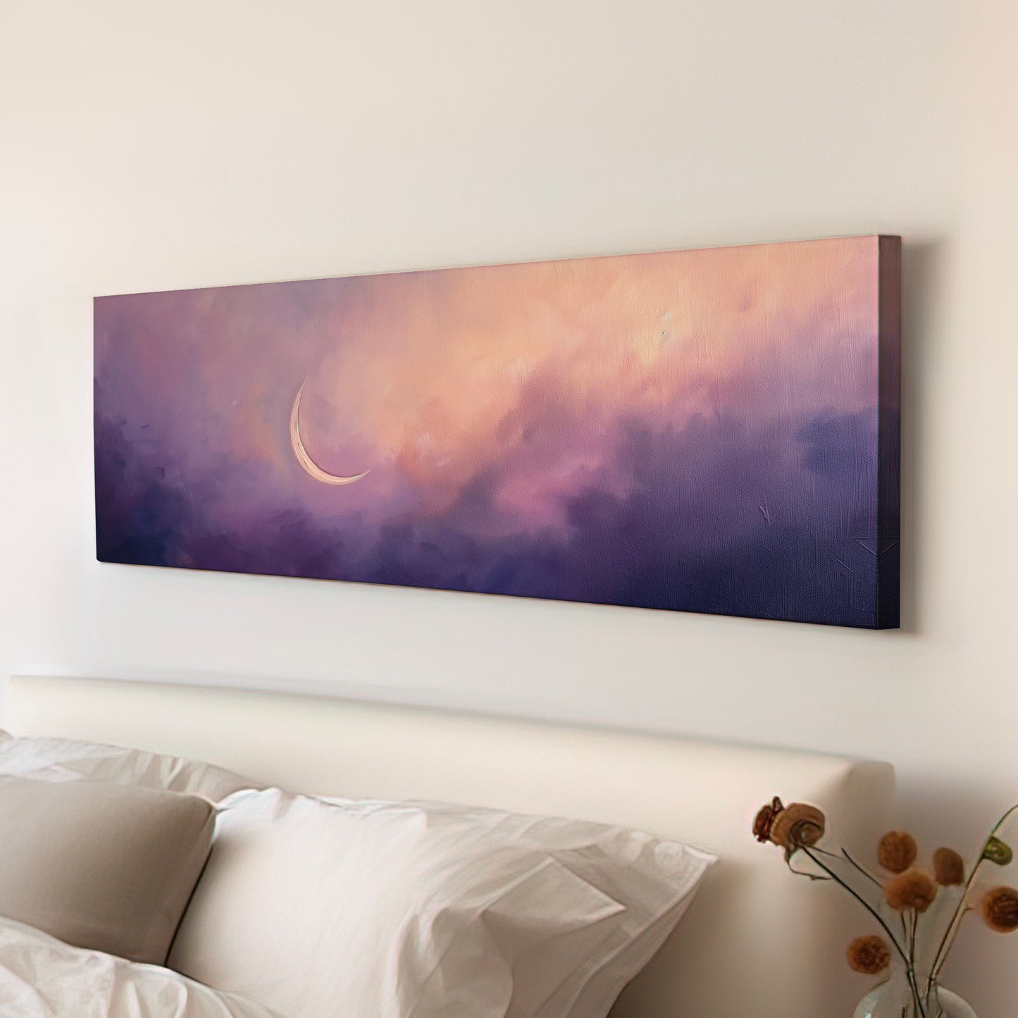 Purple Crescent Moon Long Horizontal Wall Art For Bedroom, Panoramic Lavender Sky Canvas Print, Moody Cloud Decor Canvas Art