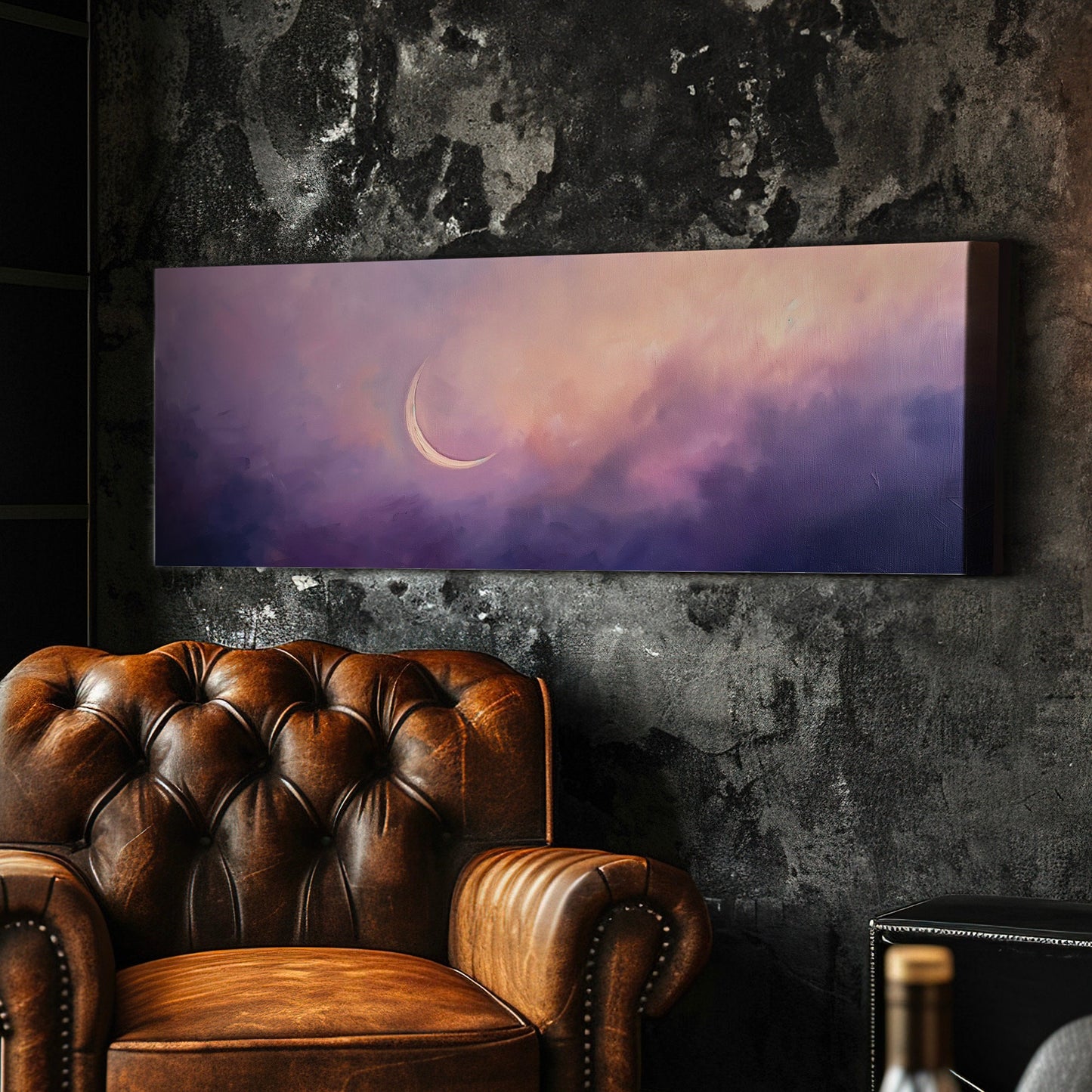 Purple Crescent Moon Long Horizontal Wall Art For Bedroom, Panoramic Lavender Sky Canvas Print, Moody Cloud Decor Canvas Art