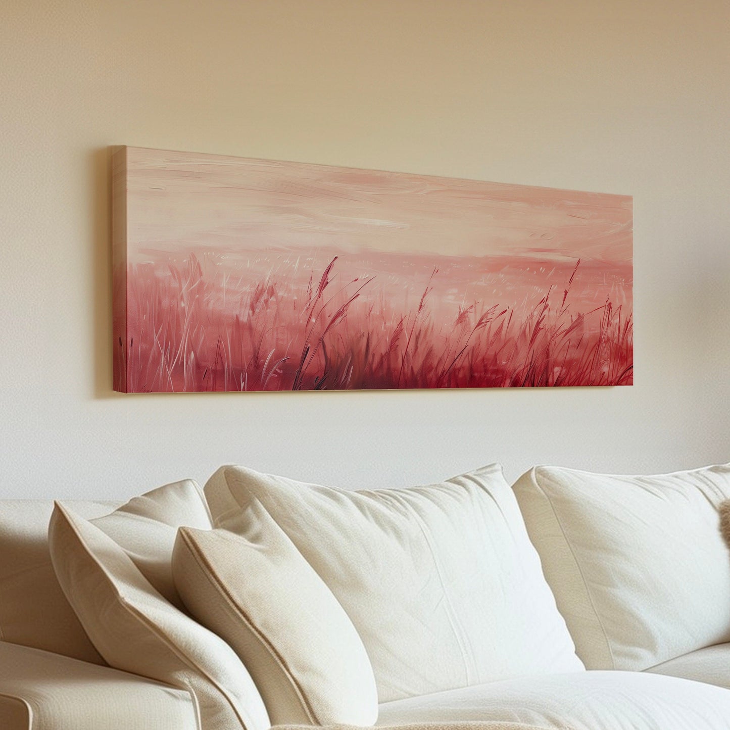 Pink Pampas Grass Field Long Horizontal Wall Art For Living Room, Panoramic Sunset Canvas Print, Farmhouse Decor Canvas Art