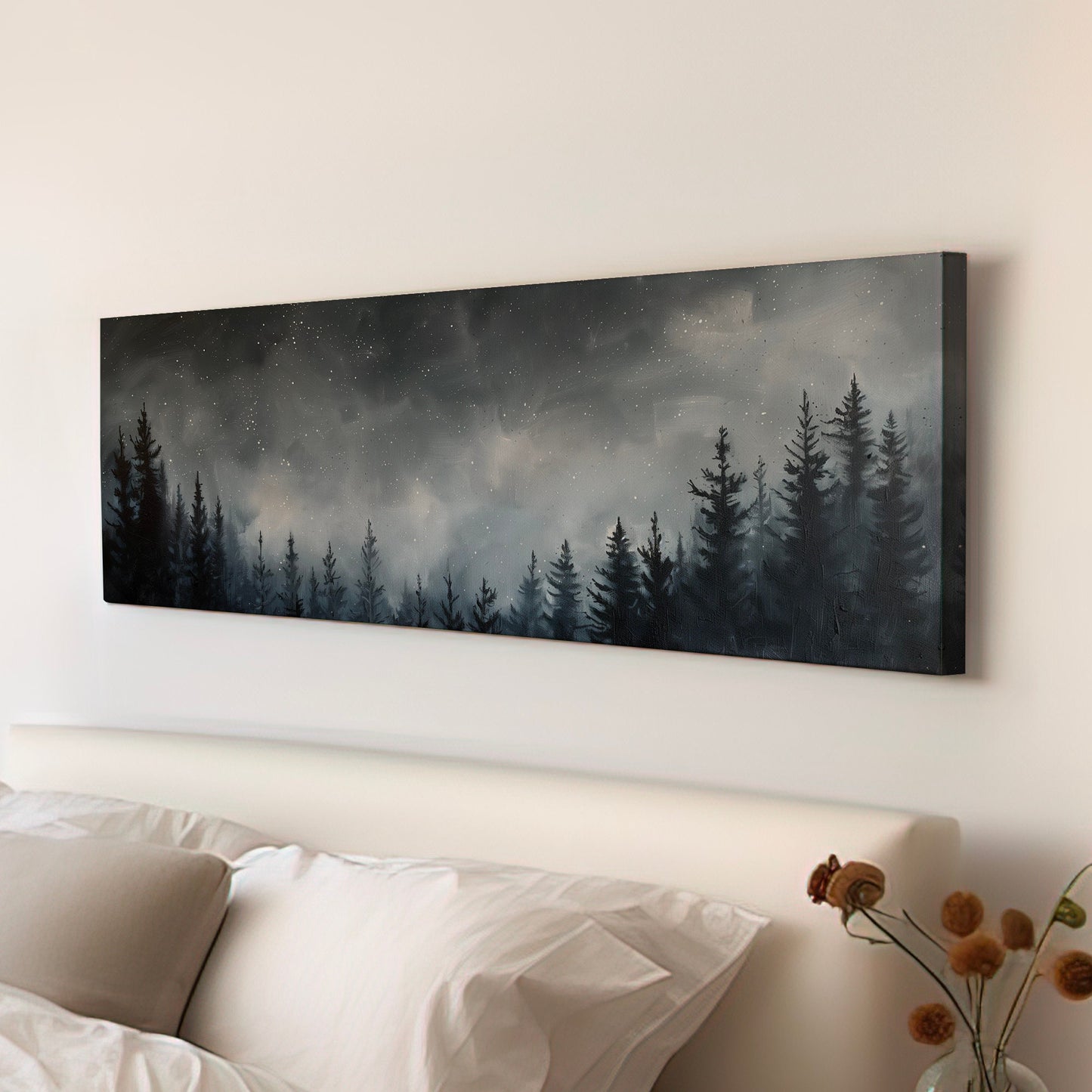 Pine Forest at Midnight Long Horizontal Wall Art For Bedroom, Panoramic Nature Canvas Print, Moody Dark Decor Canvas Art