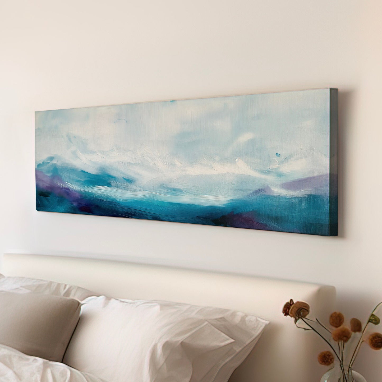 Moody Sea Long Horizontal Wall Art Above Bed, Panoramic Stormy Waves Canvas Print, Pastel Blue Decor Canvas Art