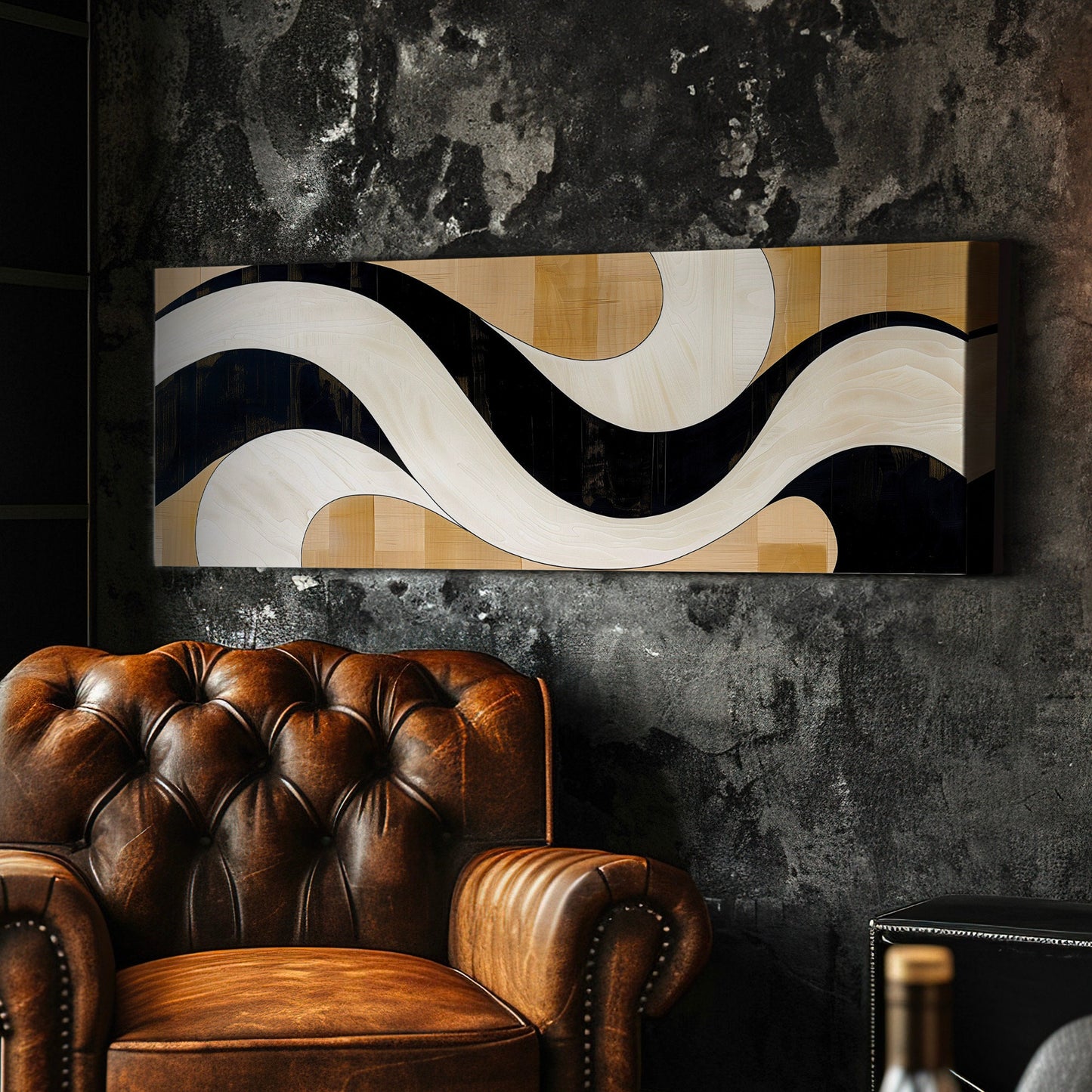 Mid Century Boho Long Horizontal Wall Art For Living Room, Panoramic Abstract Waves Canvas Print, Neutral Decor Canvas Art