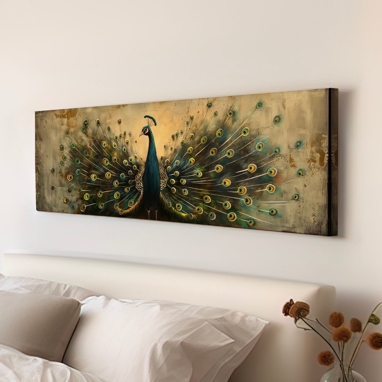 Majestic Peacock Long Horizontal Wall Art Above Bed, Panoramic Peaceful Canvas Print, Beautiful Feathers Decor Canvas Art