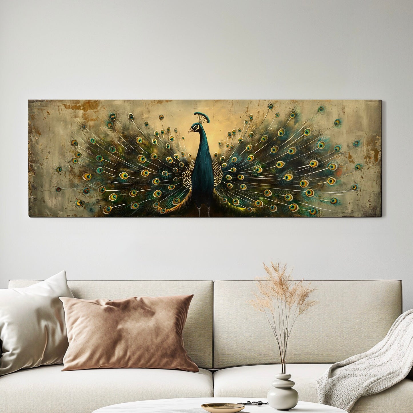 Majestic Peacock Long Horizontal Wall Art Above Bed, Panoramic Peaceful Canvas Print, Beautiful Feathers Decor Canvas Art