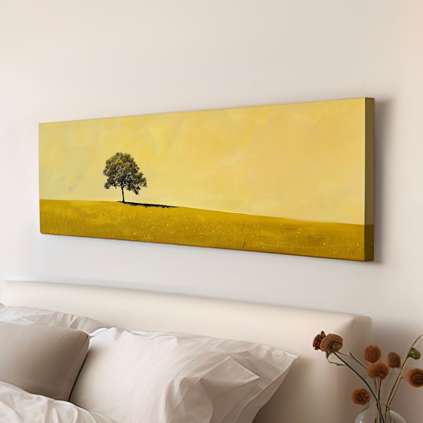 Lonely Tree on the Field Long Horizontal Wall Art For Living Room, Panoramic Southwestern Canvas Print, Farmhouse Decor Canvas Art