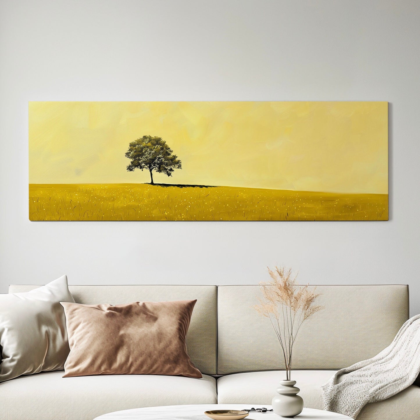 Lonely Tree on the Field Long Horizontal Wall Art For Living Room, Panoramic Southwestern Canvas Print, Farmhouse Decor Canvas Art