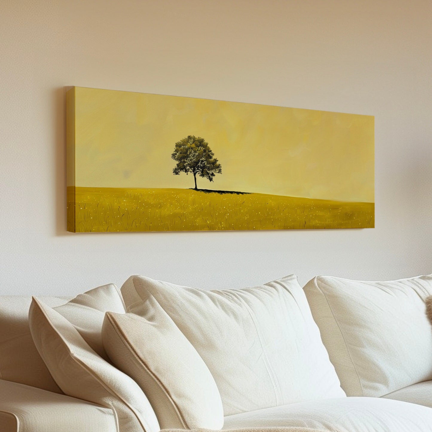 Lonely Tree on the Field Long Horizontal Wall Art For Living Room, Panoramic Southwestern Canvas Print, Farmhouse Decor Canvas Art