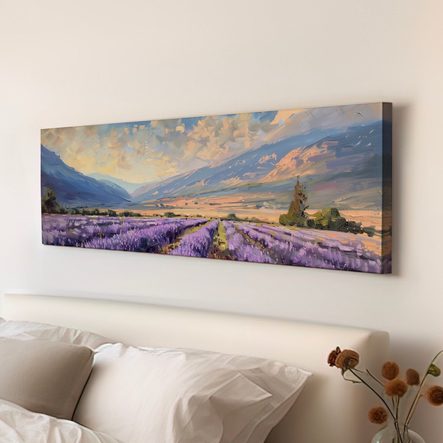 Lavender Field Long Horizontal Wall Art For Living Room, Panoramic Beautiful Flower Canvas Print, Farmhouse Decor Canvas Art