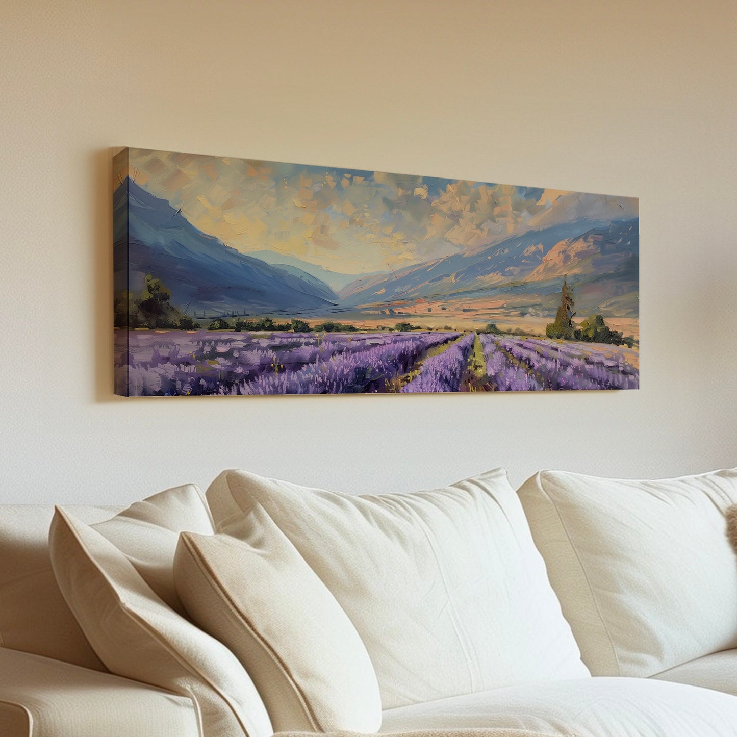 Lavender Field Long Horizontal Wall Art For Living Room, Panoramic Beautiful Flower Canvas Print, Farmhouse Decor Canvas Art