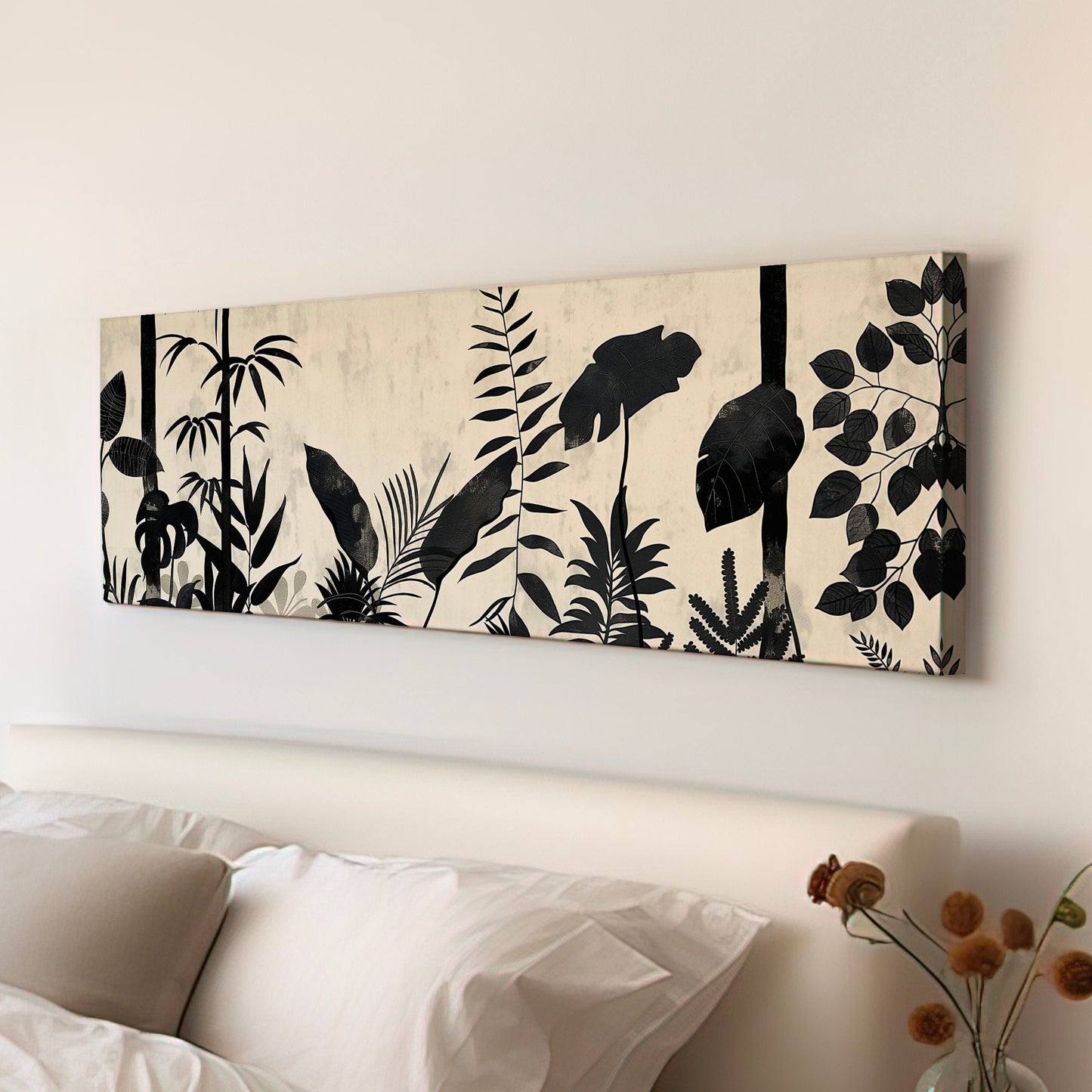 Jungle Scenery Long Horizontal Wall Art For Living Room, Panoramic Black and White Canvas Print, Botanical Decor Canvas Art
