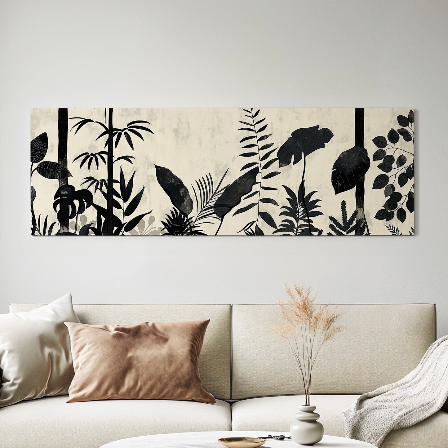 Jungle Scenery Long Horizontal Wall Art For Living Room, Panoramic Black and White Canvas Print, Botanical Decor Canvas Art