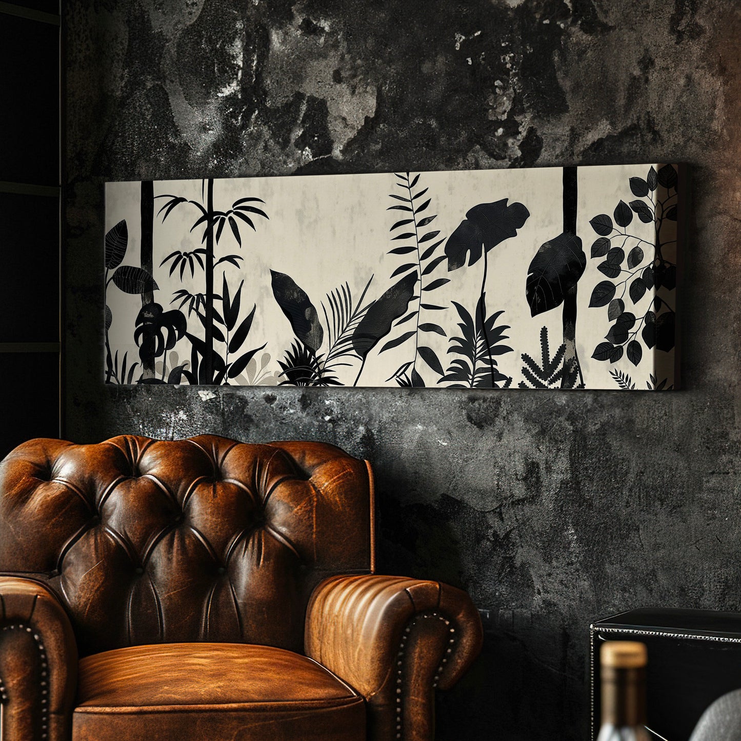 Jungle Scenery Long Horizontal Wall Art For Living Room, Panoramic Black and White Canvas Print, Botanical Decor Canvas Art