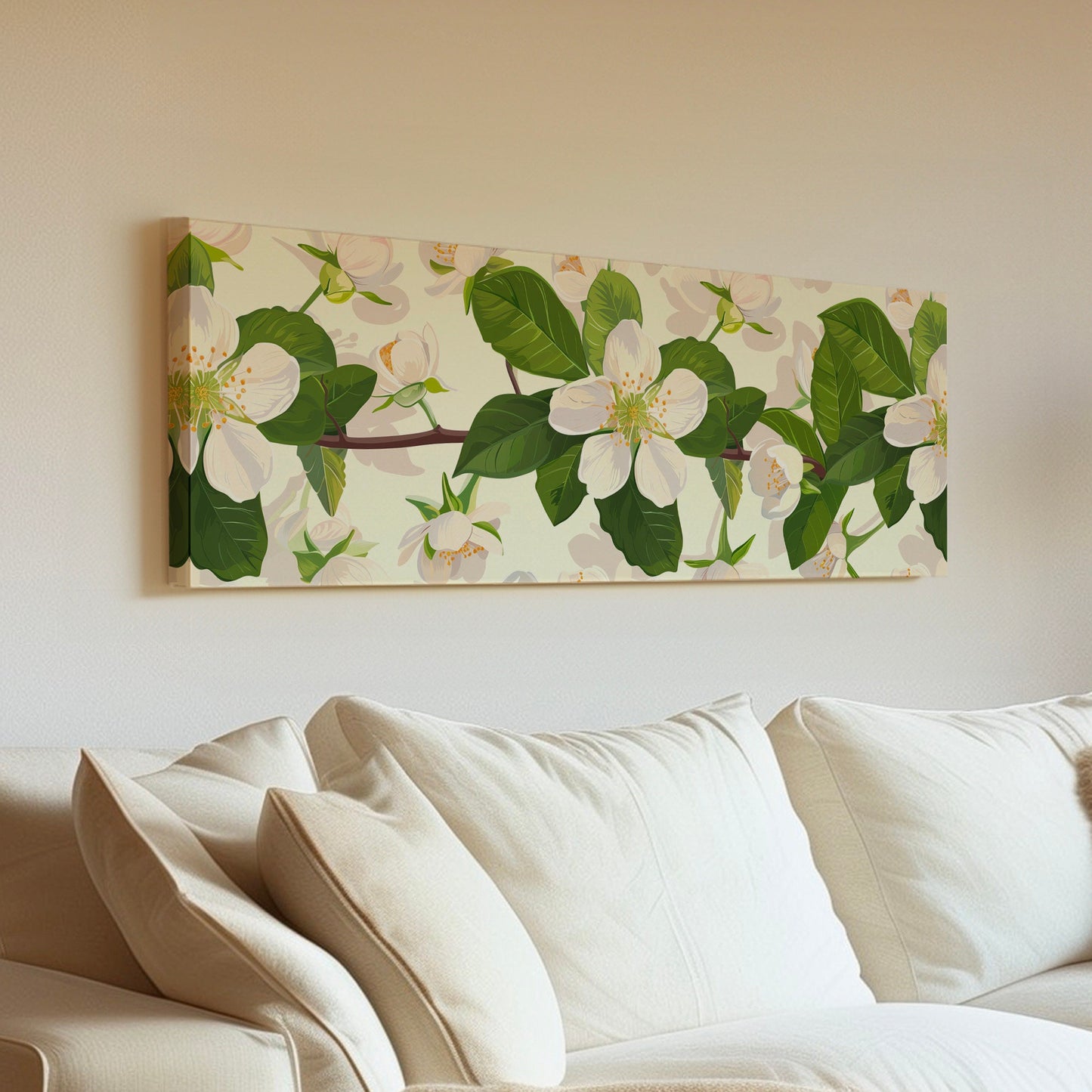Jasmine Branch Long Horizontal Wall Art Above bed, Panoramic Botanical Artwork Canvas Print, Peaceful Decor Canvas Art