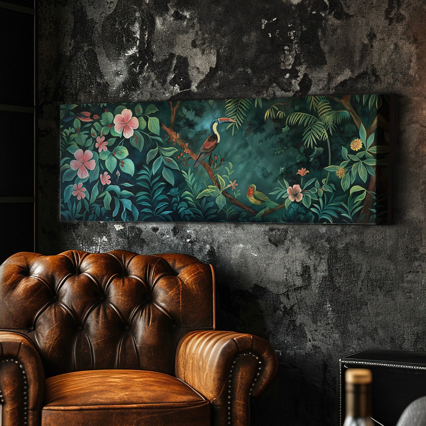 Jungle Birds Canvas Print: Long Horizontal Vintage Oil Painting