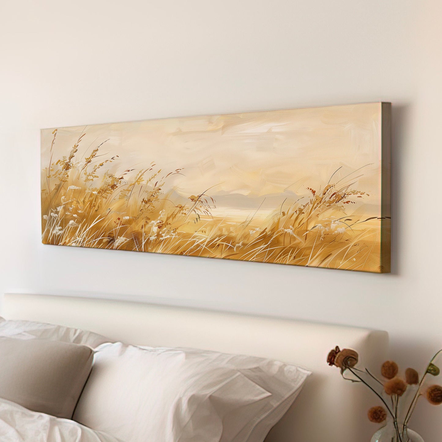 Golden Wildflower Field Long Horizontal Wall Art For Living Room, Panoramic Beautiful Scene Canvas Print, Farmhouse Decor Canvas Art