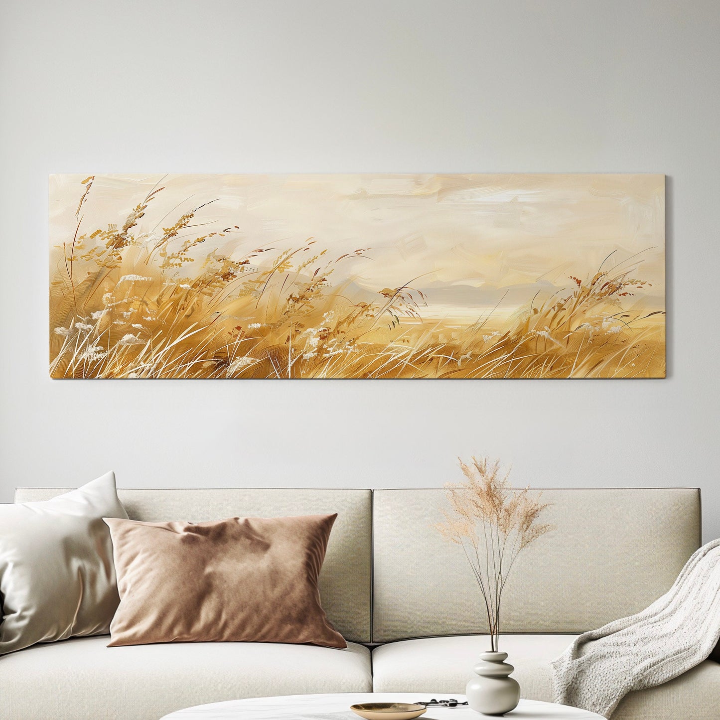 Golden Wildflower Field Long Horizontal Wall Art For Living Room, Panoramic Beautiful Scene Canvas Print, Farmhouse Decor Canvas Art