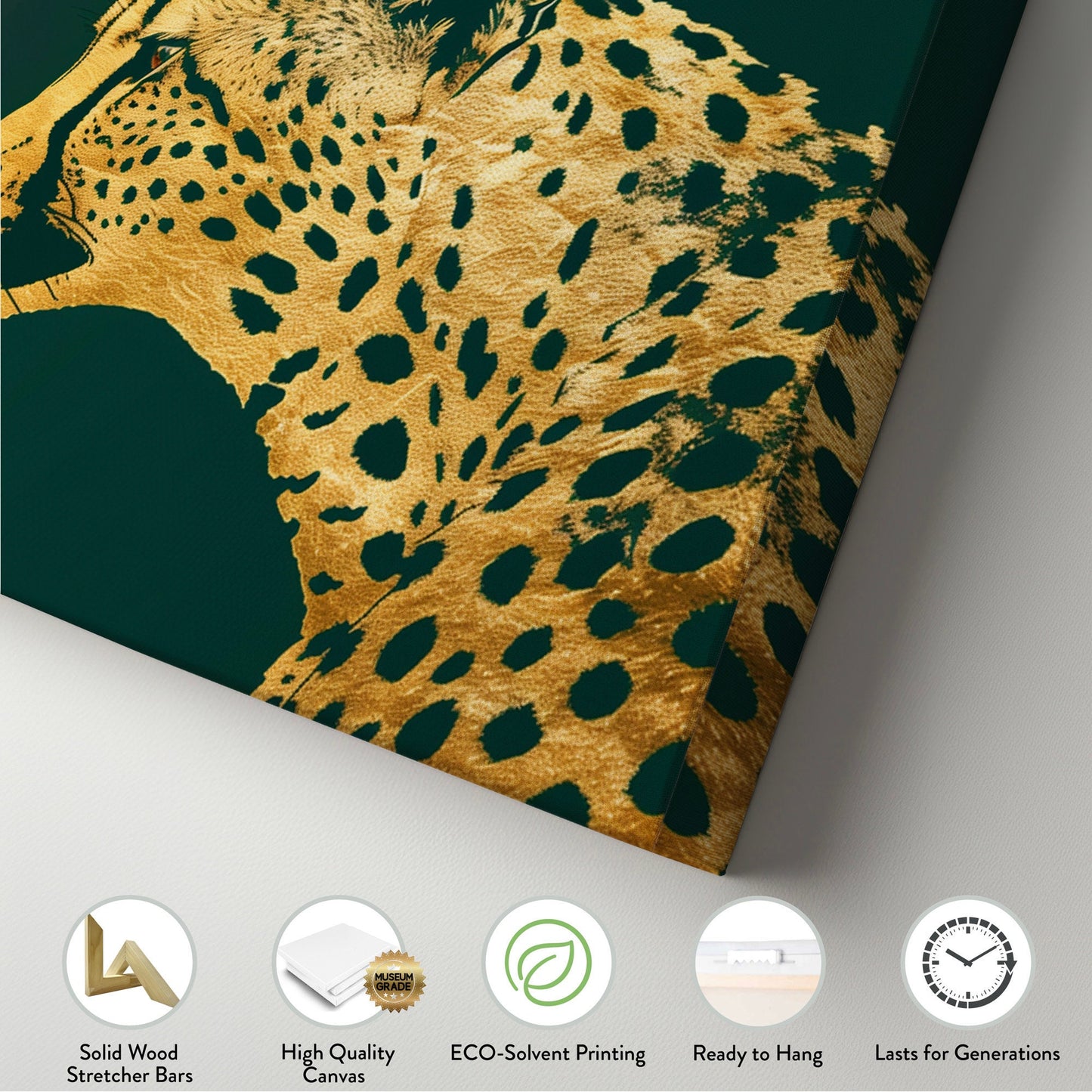 Golden Cheetah Head Long Horizontal Wall Art For Bedroom, Panoramic Green And Gold Canvas Print, Minimalist Decor Canvas Art