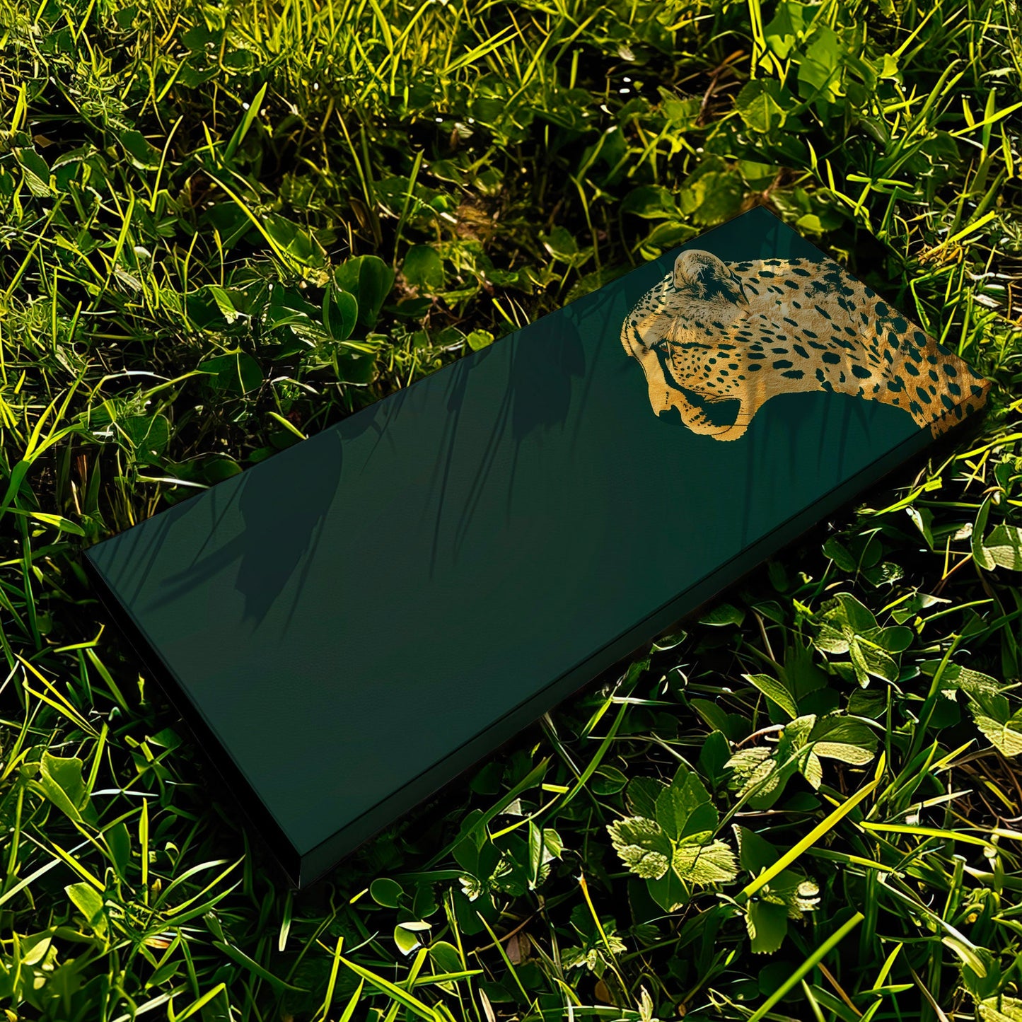 Golden Cheetah Head Long Horizontal Wall Art For Bedroom, Panoramic Green And Gold Canvas Print, Minimalist Decor Canvas Art