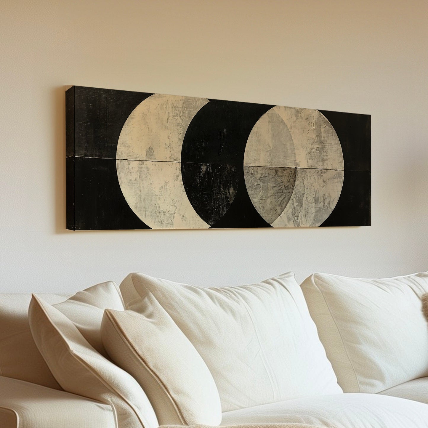 Geometric Planets Long Horizontal Wall Art For Living Room, Panoramic Mid Century Modern Canvas Print, Moon Decor Canvas Art