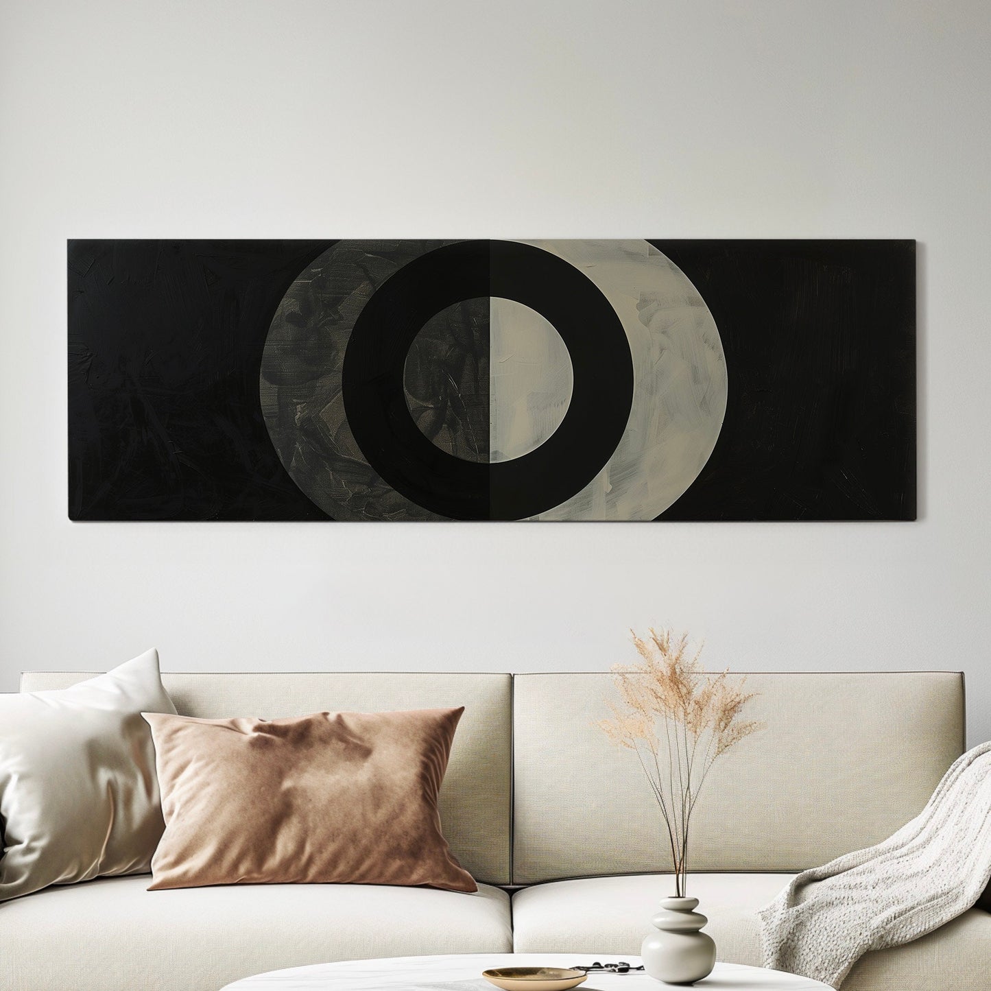 Geometric Planets Long Horizontal Wall Art For bedroom, Panoramic Mid Century Modern Canvas Print, Lunar Decor Canvas Art