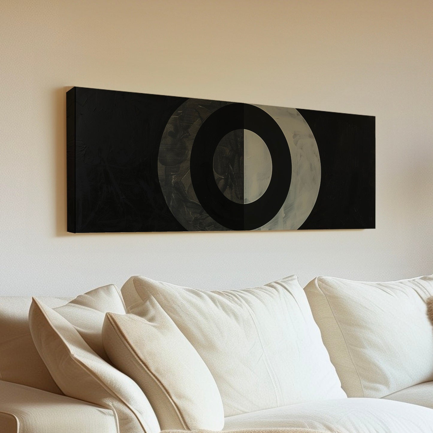 Geometric Planets Long Horizontal Wall Art For bedroom, Panoramic Mid Century Modern Canvas Print, Lunar Decor Canvas Art