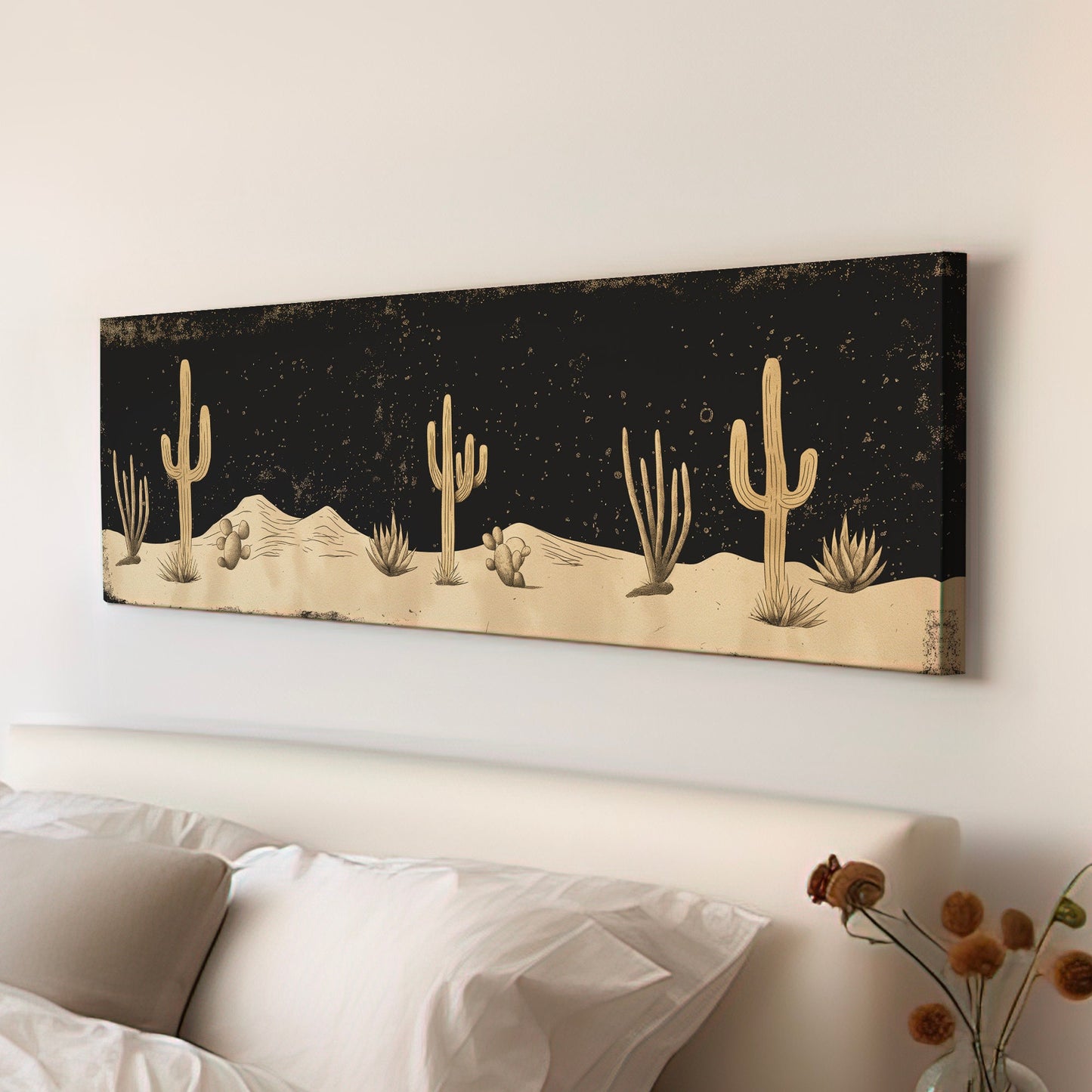 Desert At Midnight Long Horizontal Wall Art Above Bed, Panoramic Southwestern Canvas Print, Farmhouse Decor Canvas Art