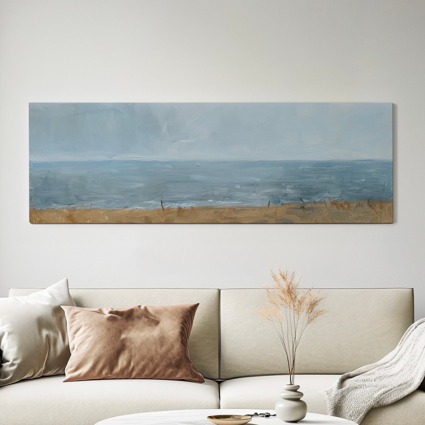 Coastal Seascape Long Horizontal Wall Art For Living Room, Panoramic Sandy Beach Sunset Canvas Print, Nautical Decor Canvas Art