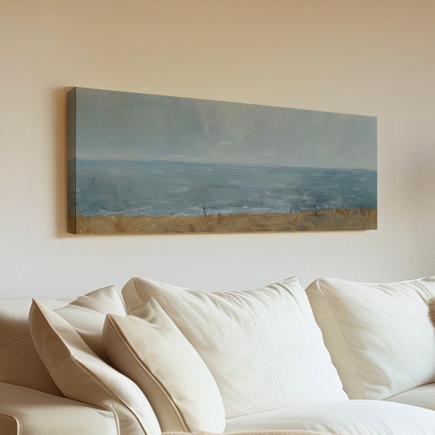 Coastal Seascape Long Horizontal Wall Art For Living Room, Panoramic Sandy Beach Sunset Canvas Print, Nautical Decor Canvas Art