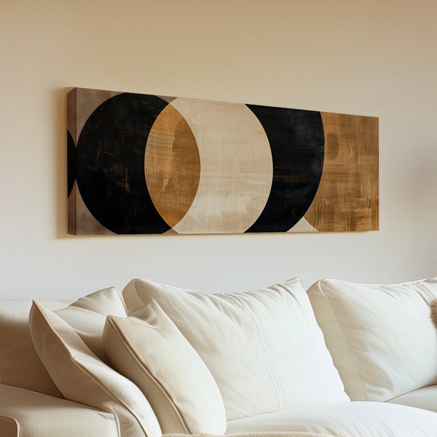 Black Brown Abstract Shapes Long Horizontal Wall Art For Living Room, Panoramic Latte Coffee Canvas Print, Barista Decor Canvas Art