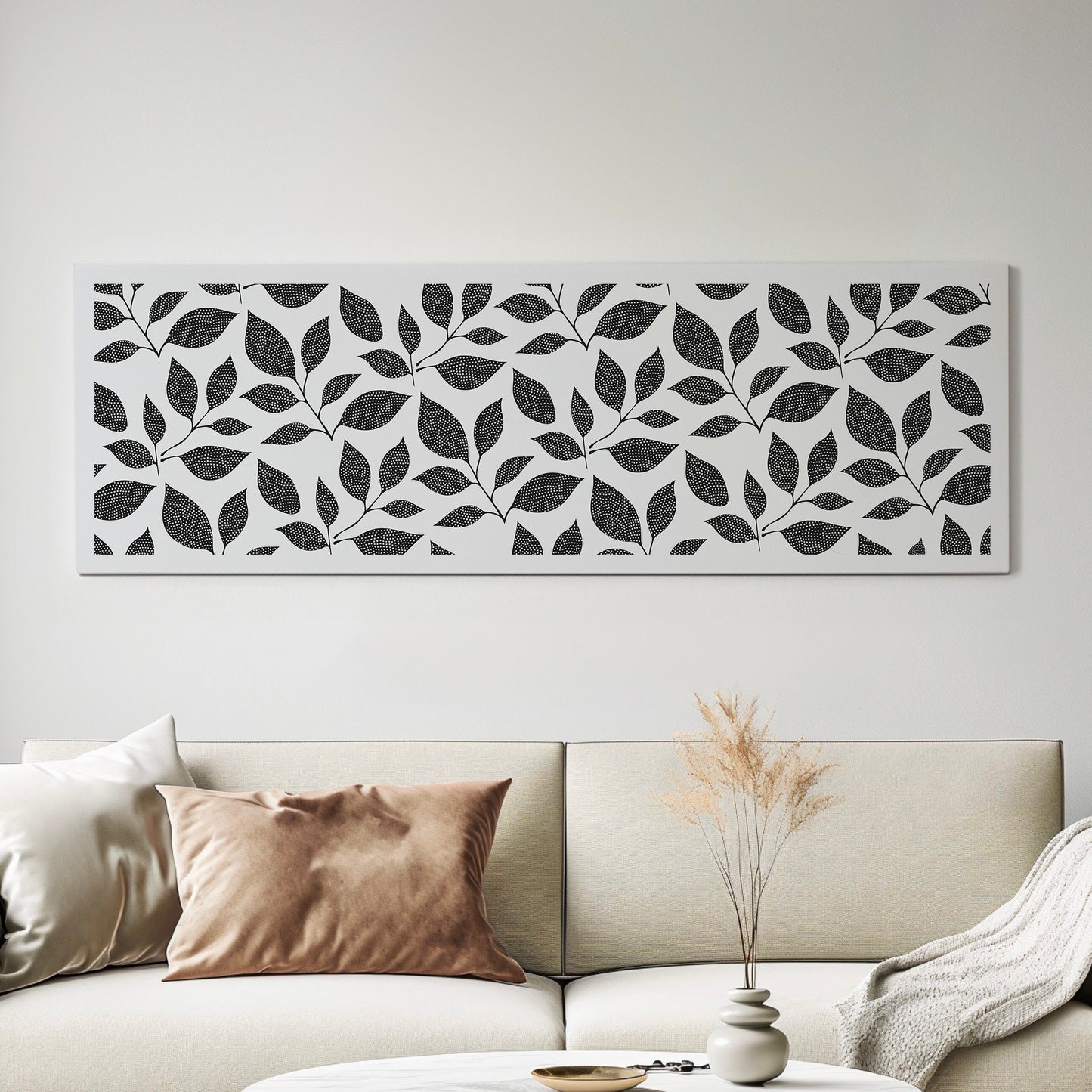 Beige Grey Floral Pattern Long Horizontal Wall Art Above Bed, Panoramic Botanic Canvas Print, Leaves Decor Canvas Art