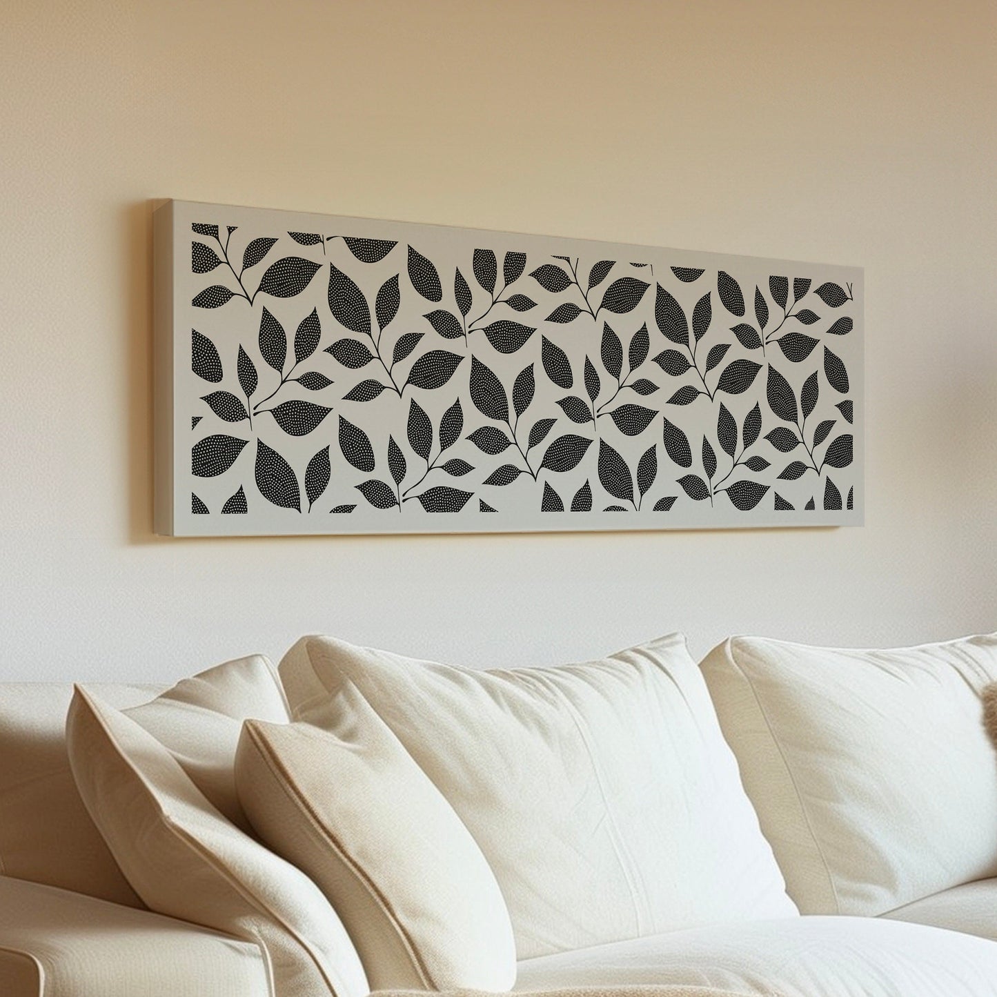 Beige Grey Floral Pattern Long Horizontal Wall Art Above Bed, Panoramic Botanic Canvas Print, Leaves Decor Canvas Art