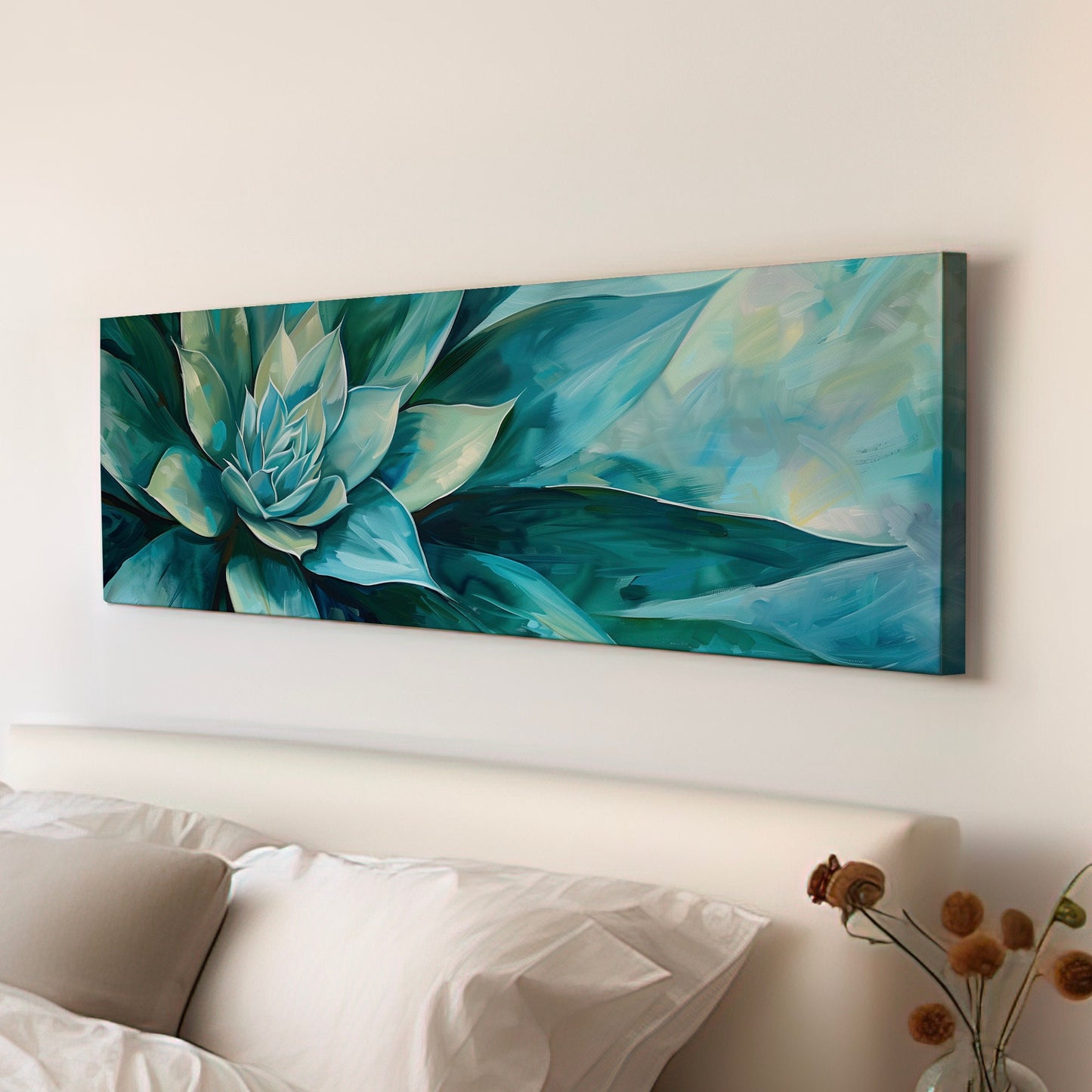 Agave Close Up Long Horizontal Wall Art For Living Room, Panoramic Cactus Canvas Print, Botanical Decor Canvas Art