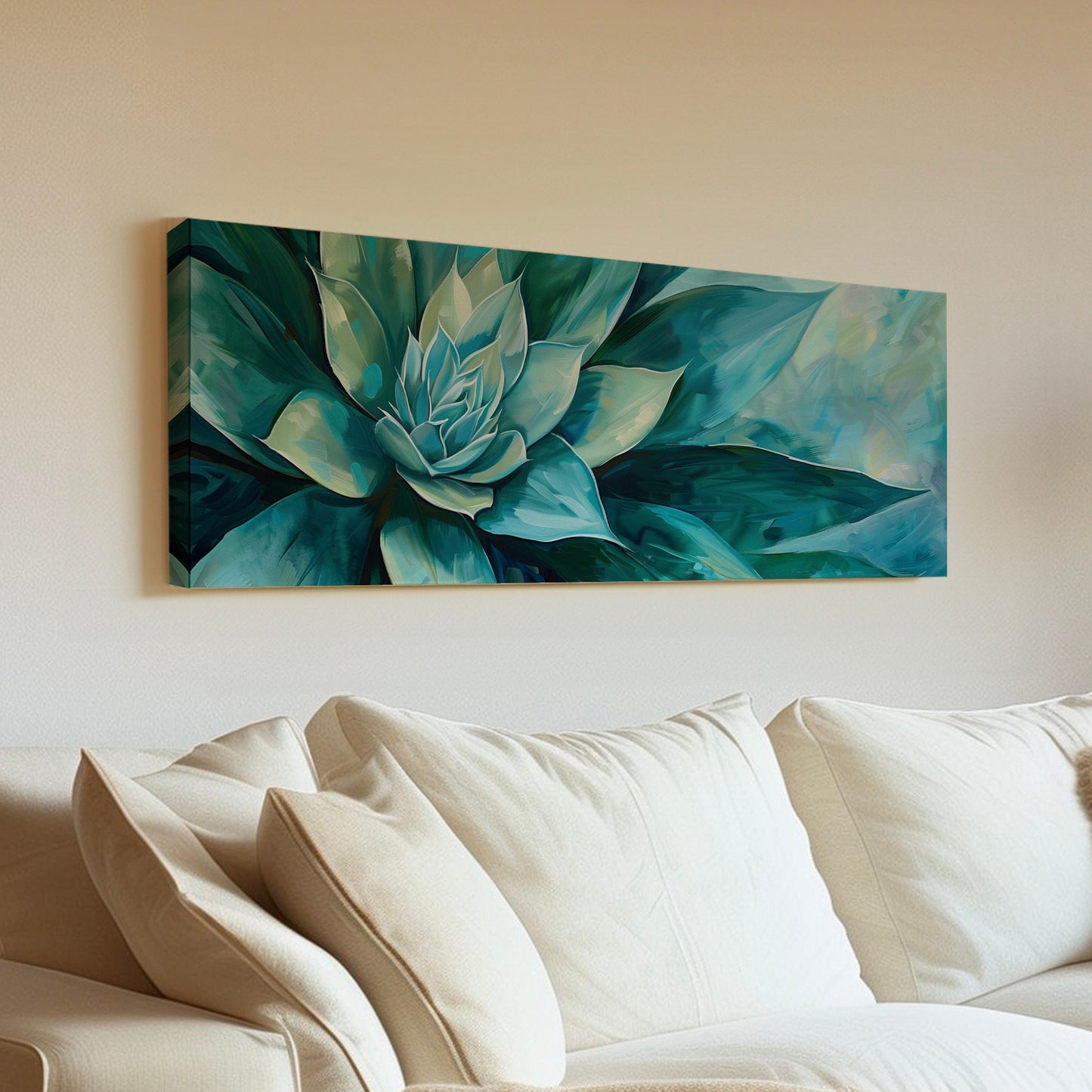 Agave Close Up Long Horizontal Wall Art For Living Room, Panoramic Cactus Canvas Print, Botanical Decor Canvas Art