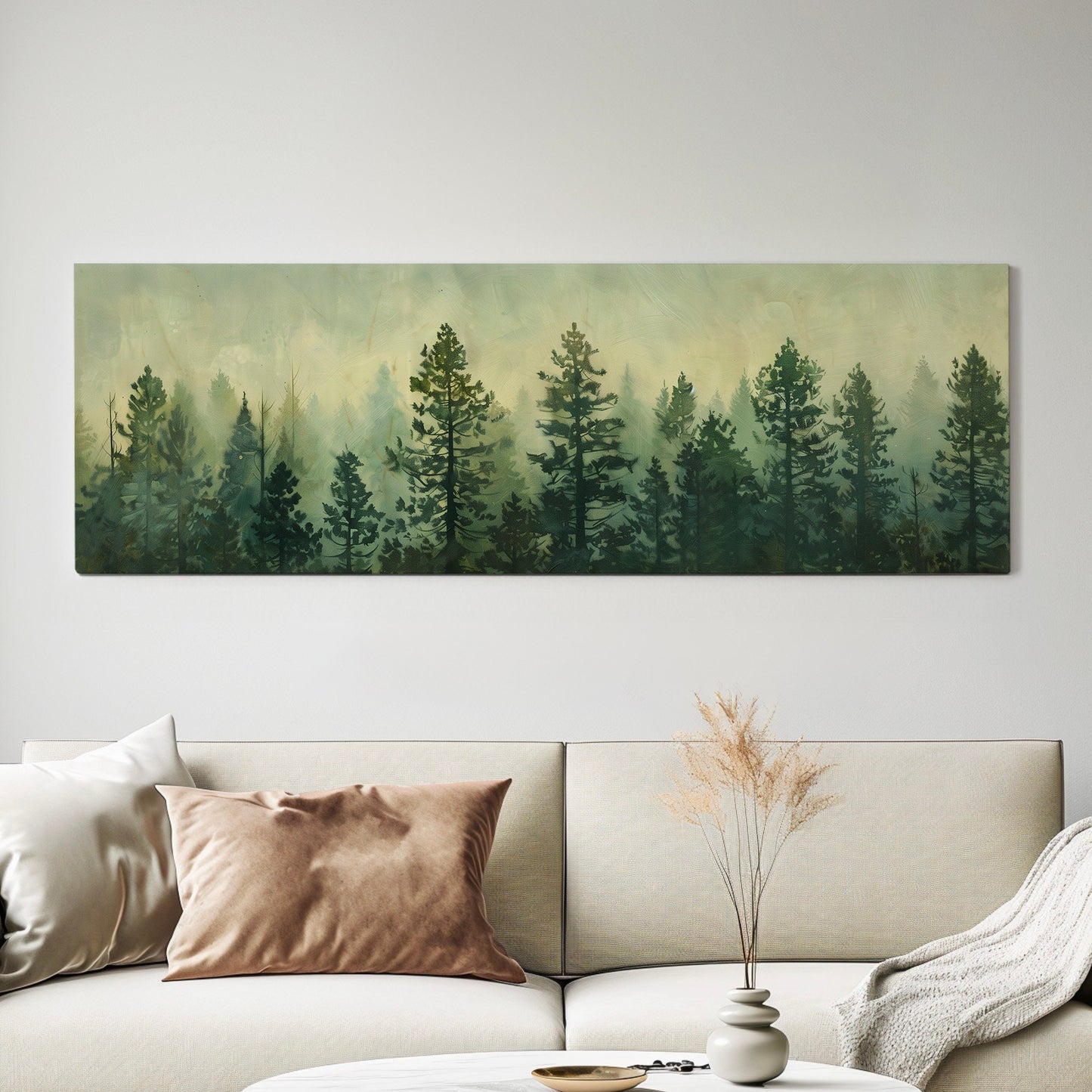 Pine Tree Forest Long Horizontal Wall Art For Bedroom, Panoramic Green Canvas Print, Minimal Decor Canvas Art