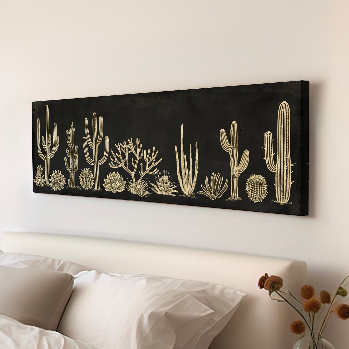 Succulent Cactus Chalk Drawing Long Horizontal Wall Art For Living Room, Panoramic Minimalist Canvas Print, Illustration Decor Canvas Art