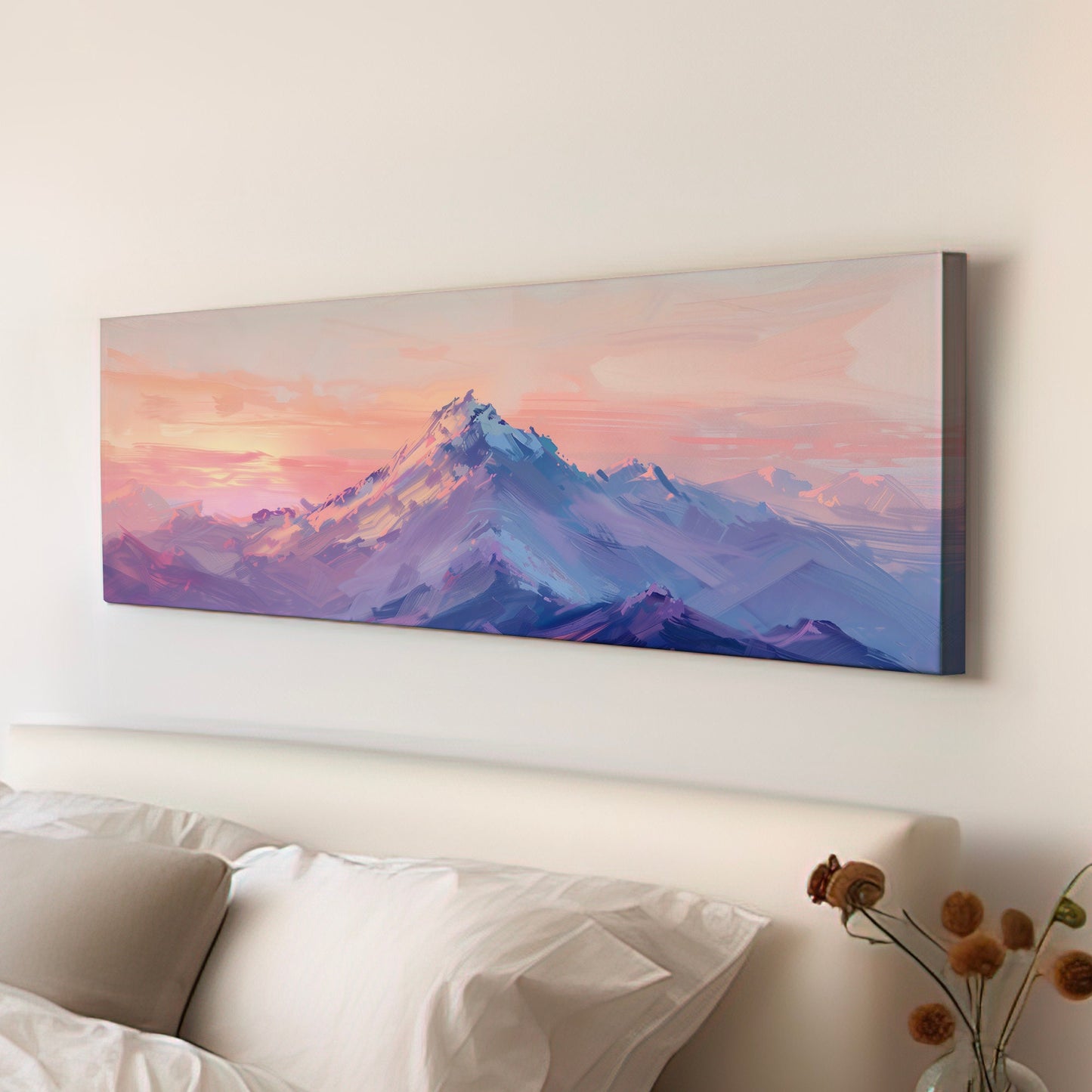 Pink and Purple Mountain Long Horizontal Wall Art For Living Room, Panoramic Sunset Canvas Print, Misty Decor Canvas Art