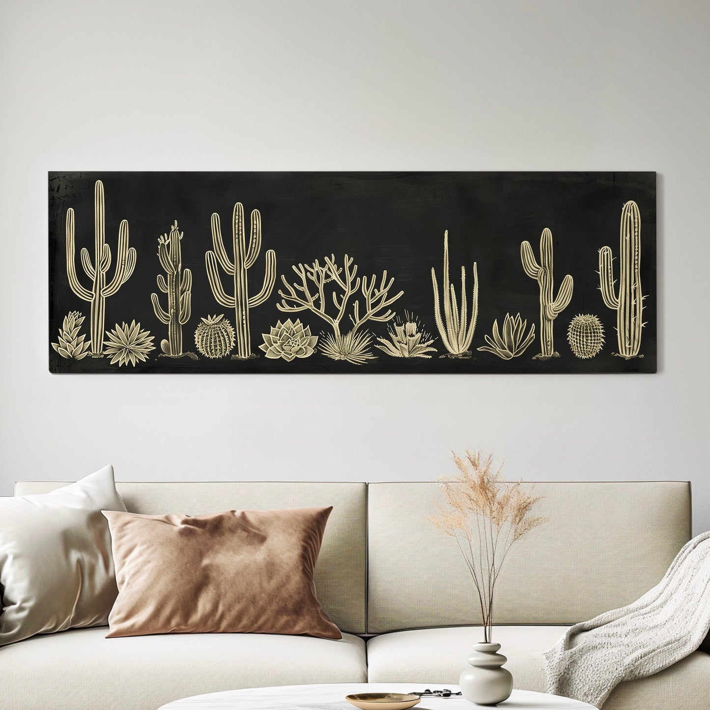 Succulent Cactus Chalk Drawing Long Horizontal Wall Art For Living Room, Panoramic Minimalist Canvas Print, Illustration Decor Canvas Art