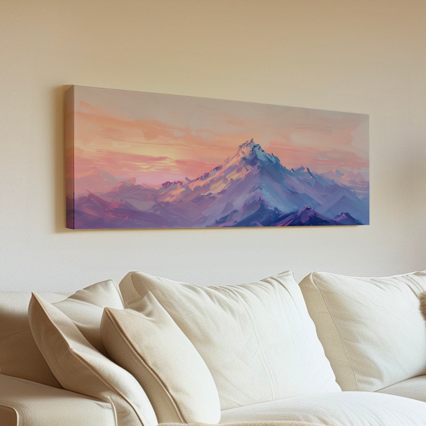 Pink and Purple Mountain Long Horizontal Wall Art For Living Room, Panoramic Sunset Canvas Print, Misty Decor Canvas Art