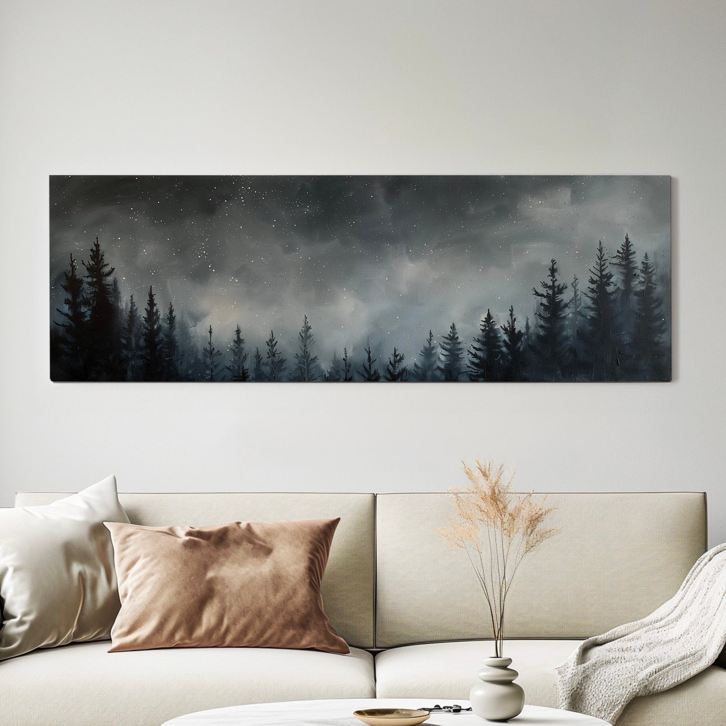 Pine Forest at Midnight Long Horizontal Wall Art For Bedroom, Panoramic Nature Canvas Print, Moody Dark Decor Canvas Art