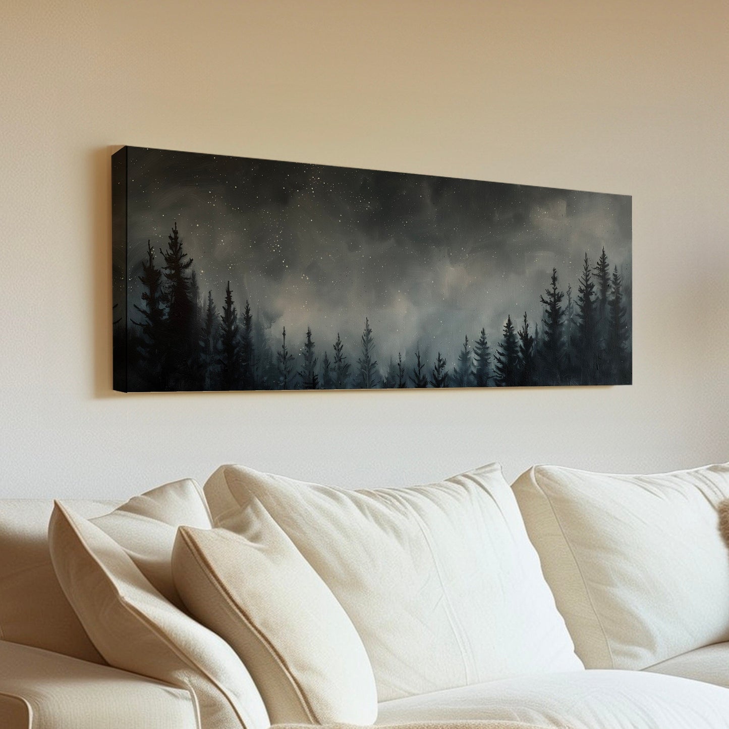 Pine Forest at Midnight Long Horizontal Wall Art For Bedroom, Panoramic Nature Canvas Print, Moody Dark Decor Canvas Art