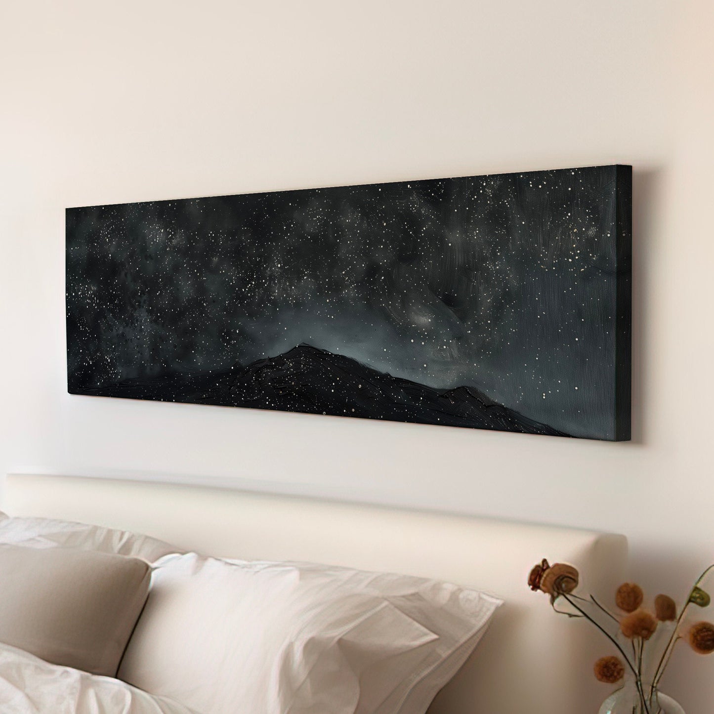 Night Sky Over A Mountain Long Horizontal Wall Art Above Bed, Panoramic Nature Canvas Print, Hunting Cabin Decor Canvas Art