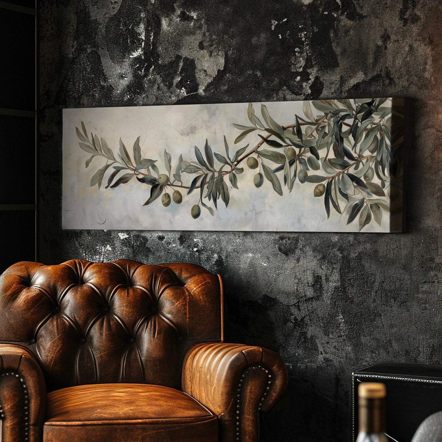Olive Tree Long Horizontal Wall Art For Guest Room, Panoramic Botanical Canvas Print, Kitchen Decor Canvas Art