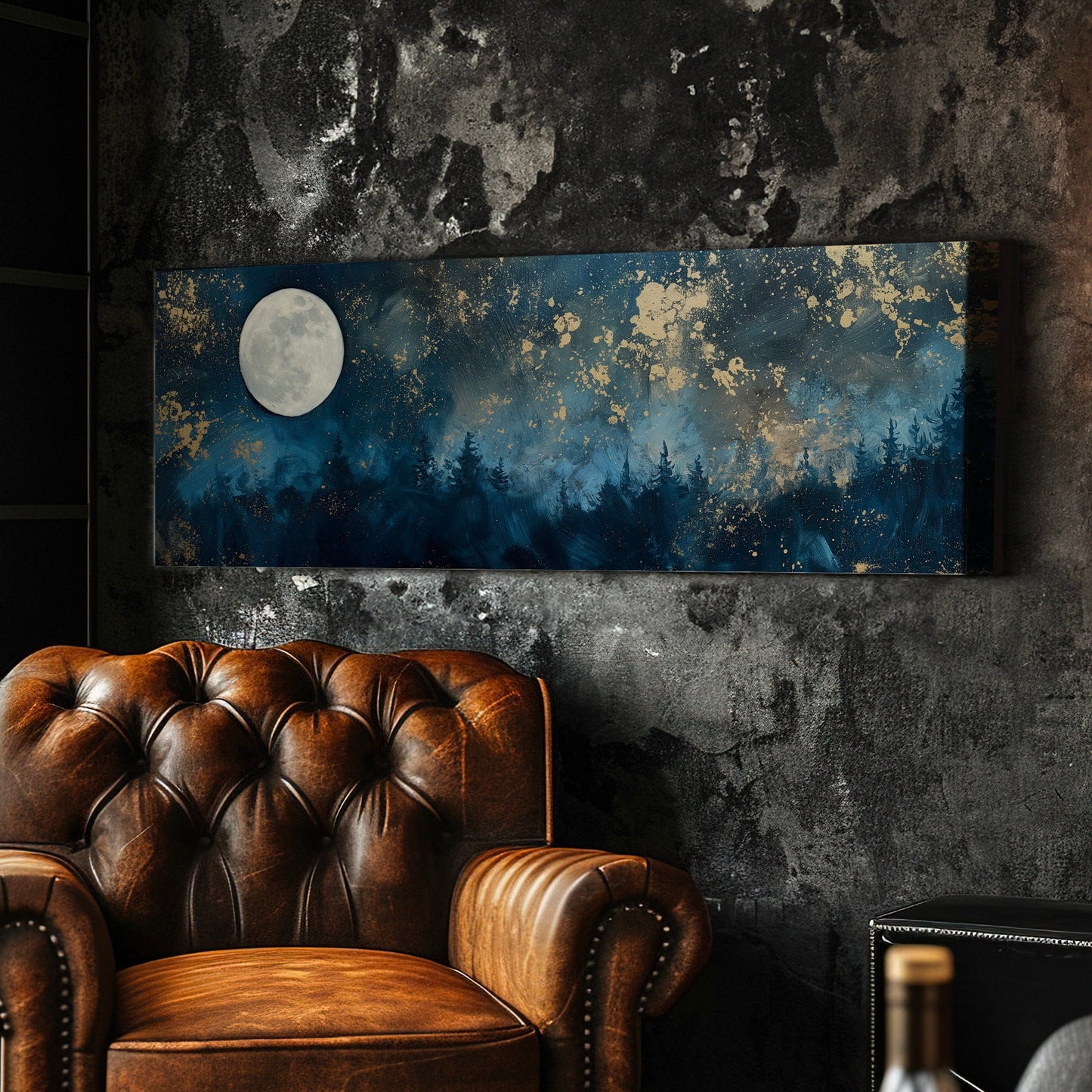 Nigh Starry Sky Long Horizontal Wall Art For Bedroom, Panoramic Full Moon Canvas Print, Spiritual Decor Canvas Art