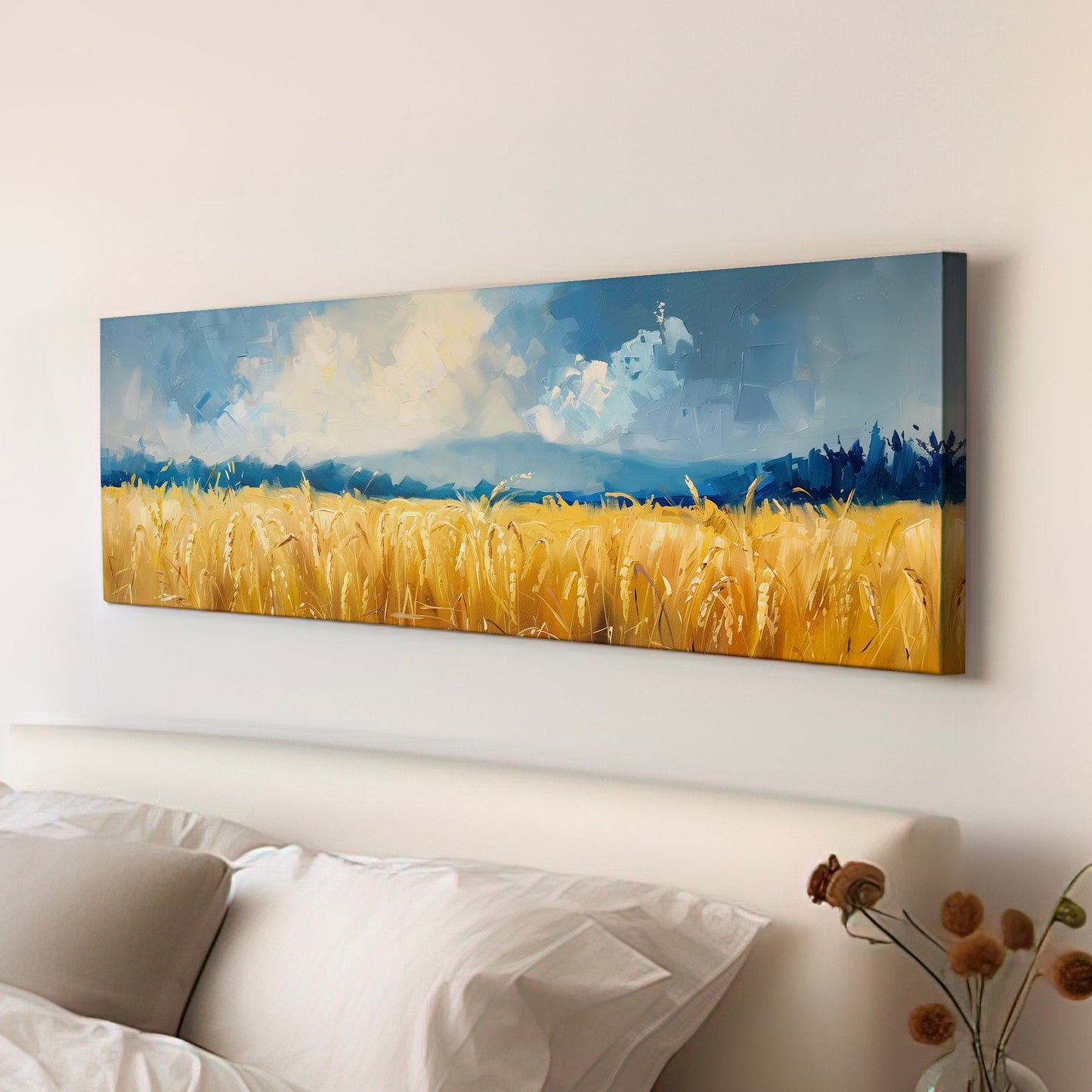 Golden Wheat Field Long Horizontal Wall Art For Living Room, Panoramic Beautiful Scene Canvas Print, Farmhouse Decor Canvas Art