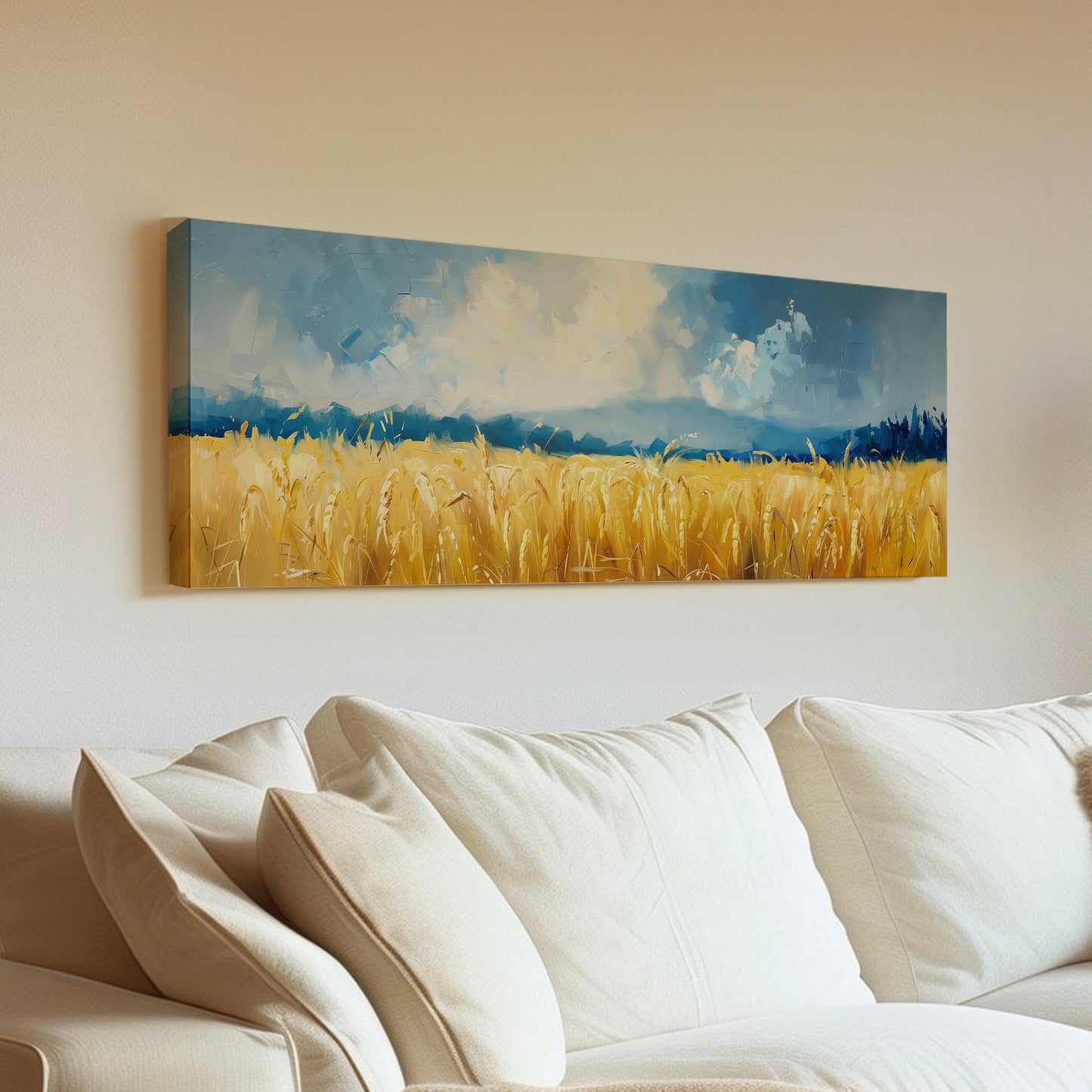 Golden Wheat Field Long Horizontal Wall Art For Living Room, Panoramic Beautiful Scene Canvas Print, Farmhouse Decor Canvas Art
