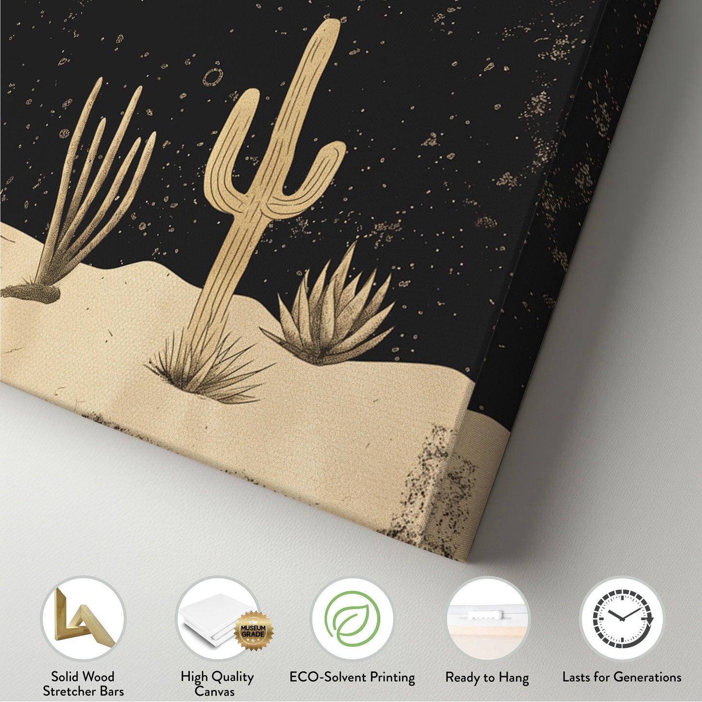 Desert At Midnight Long Horizontal Wall Art Above Bed, Panoramic Southwestern Canvas Print, Farmhouse Decor Canvas Art